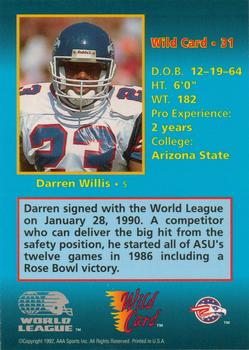1992 Wild Card WLAF #31 Darren Willis Back