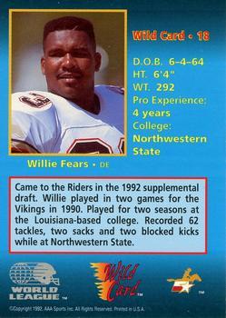 1992 Wild Card WLAF - 100 Stripe #18 Willie Fears Back