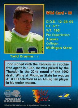 1992 Wild Card WLAF - 100 Stripe #68 Todd Krumm Back