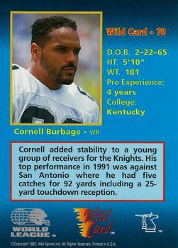 1992 Wild Card WLAF - 100 Stripe #78 Cornell Burbage Back