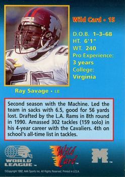 1992 Wild Card WLAF - 20 Stripe #15 Ray Savage Back