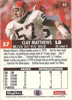 1993 SkyBox Impact #63 Clay Matthews Back