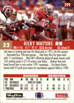 1993 SkyBox Impact #299 Ricky Watters Back