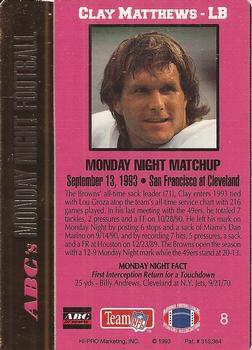 1993 Action Packed Monday Night Football #8 Clay Matthews Back