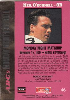 1993 Action Packed Monday Night Football #46 Neil O'Donnell Back