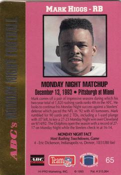 1993 Action Packed Monday Night Football #65 Mark Higgs Back