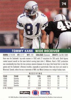 1993 SkyBox Premium #74 Tommy Kane Back