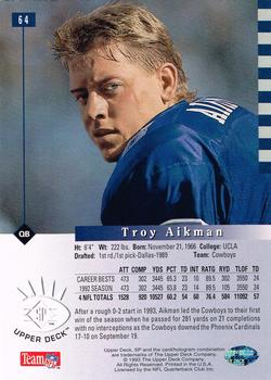 1993 SP #64 Troy Aikman Back
