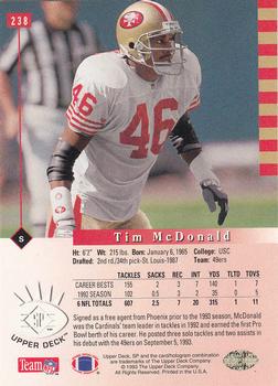 1993 SP #238 Tim McDonald Back