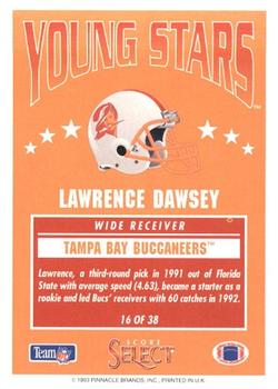 1993 Select Young Stars #16 Lawrence Dawsey Back