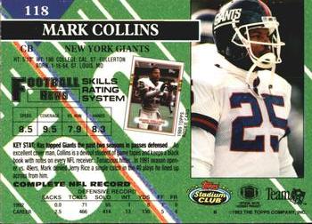 1993 Stadium Club #118 Mark Collins Back