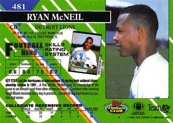 1993 Stadium Club #481 Ryan McNeil Back