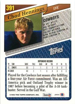 1993 Topps - Gold #391 Chad Hennings Back