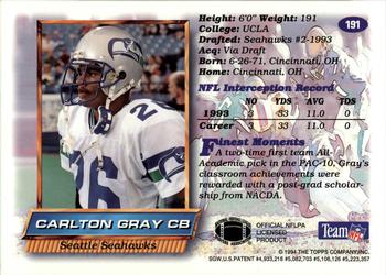 1994 Finest - Rookie Jumbos #191 Carlton Gray Back