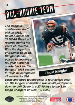 1993 Upper Deck #31 David Klingler Back