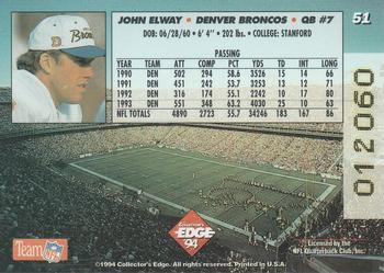 1994 Collector's Edge #51 John Elway Back
