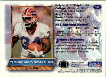 1994 Finest #151 Thurman Thomas Back