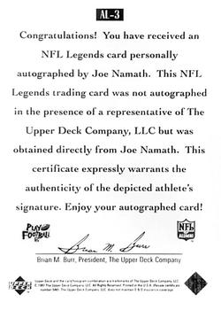 1997 Upper Deck Legends - Autographs #AL-3 Joe Namath Back
