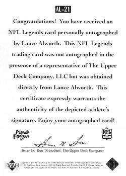 1997 Upper Deck Legends - Autographs #AL-21 Lance Alworth Back