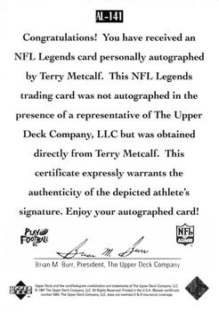 1997 Upper Deck Legends - Autographs #AL-141 Terry Metcalf Back