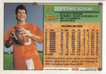 1994 Topps #616 Bernie Kosar Back