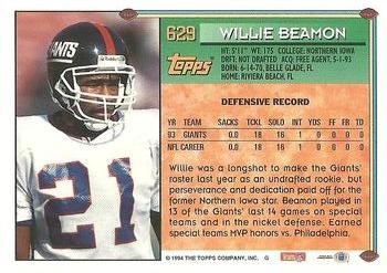 1994 Topps #629 Willie Beamon Back