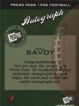1998 Press Pass - Autographs #NNO Phil Savoy Back