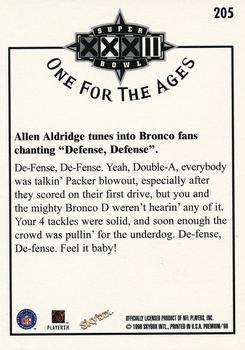1998 SkyBox Premium - Fleet Farm #205 Allen Aldridge tunes into Bronco fans chanting 