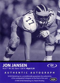 1999 SAGE - Autographs Bronze #A24 Jon Jansen Back