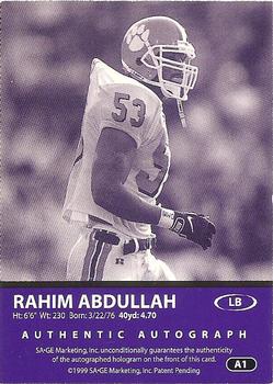 1999 SAGE - Autographs Red #A1 Rahim Abdullah Back