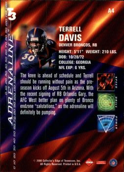2000 Collector's Edge T3 - Adrenaline #A4 Terrell Davis Back