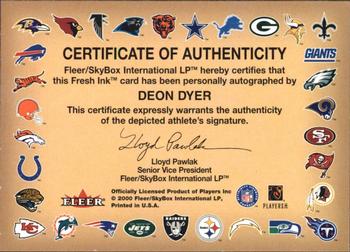 2000 Fleer Tradition - Autographics Silver #NNO Deon Dyer Back