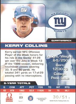 2000 Pacific Omega - Platinum Blue #89 Kerry Collins Back