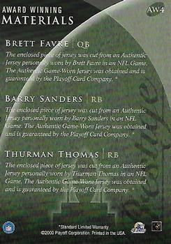 2000 Playoff Prestige - Award Winning Materials #AW4 Brett Favre / Barry Sanders / Thurman Thomas Back