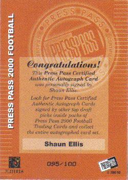 2000 Press Pass - Autographs Gold Standout Signatures #NNO Shaun Ellis Back