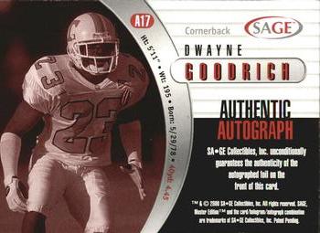 2000 SAGE - Autographs Bronze #A17 Dwayne Goodrich Back
