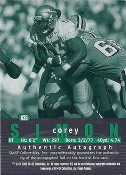 2000 SAGE HIT - Autographs Emerald #A35 Corey Simon Back