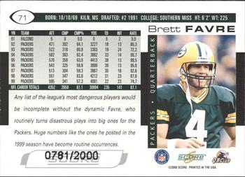 2000 Score - Scorecard #71 Brett Favre Back