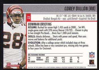2001 Bowman - Gold #22 Corey Dillon Back