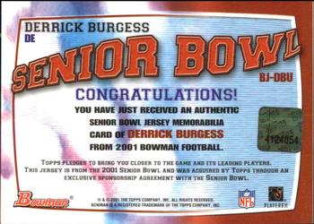 2001 Bowman - Bowl Jerseys #BJ-DBU Derrick Burgess Back