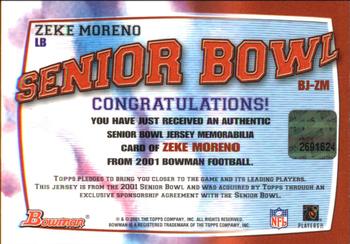 2001 Bowman - Bowl Jerseys #BJ-ZM Zeke Moreno Back