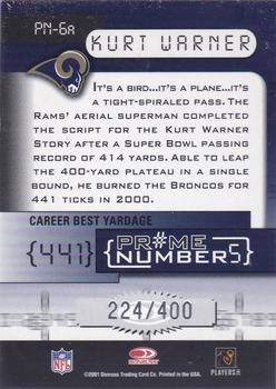 2001 Donruss Elite - Prime Numbers #PN-6a Kurt Warner Back