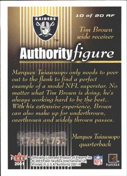 2001 Fleer Authority - Authority Figure #10 AF Marques Tuiasosopo / Tim Brown Back