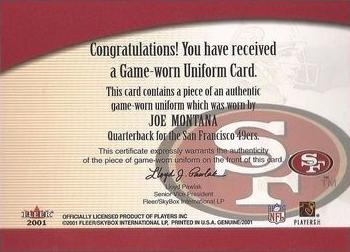 2001 Fleer Genuine - Names of the Game Autographed #NNO Joe Montana Back