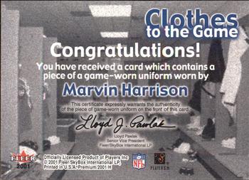 2001 Fleer Premium - Clothes to the Game #NNO Marvin Harrison Back