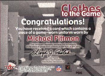 2001 Fleer Premium - Clothes to the Game #NNO Michael Pittman Back