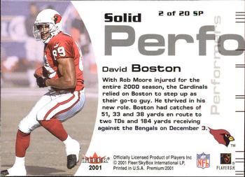 2001 Fleer Premium - Solid Performers #2 SP David Boston Back