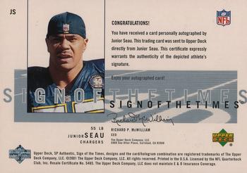 2001 SP Authentic - Sign of the Times #JS Junior Seau Back