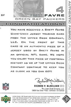2001 SP Game Used Edition - Authentic Fabric #BF Brett Favre Back