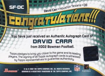 2002 Bowman - Signs of the Future Red Ink #SF-DC David Carr Back
